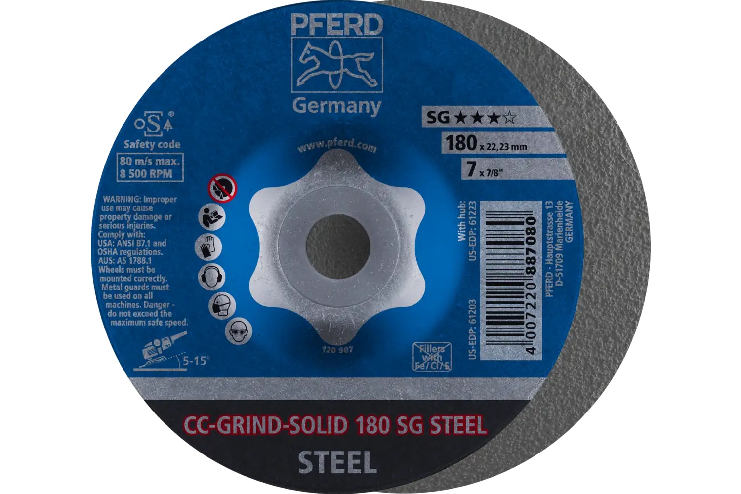 Picture of Pferd Grinding disc, CC-Grind®-Solid, 7" x 7/8, SG Steel, Ceramic